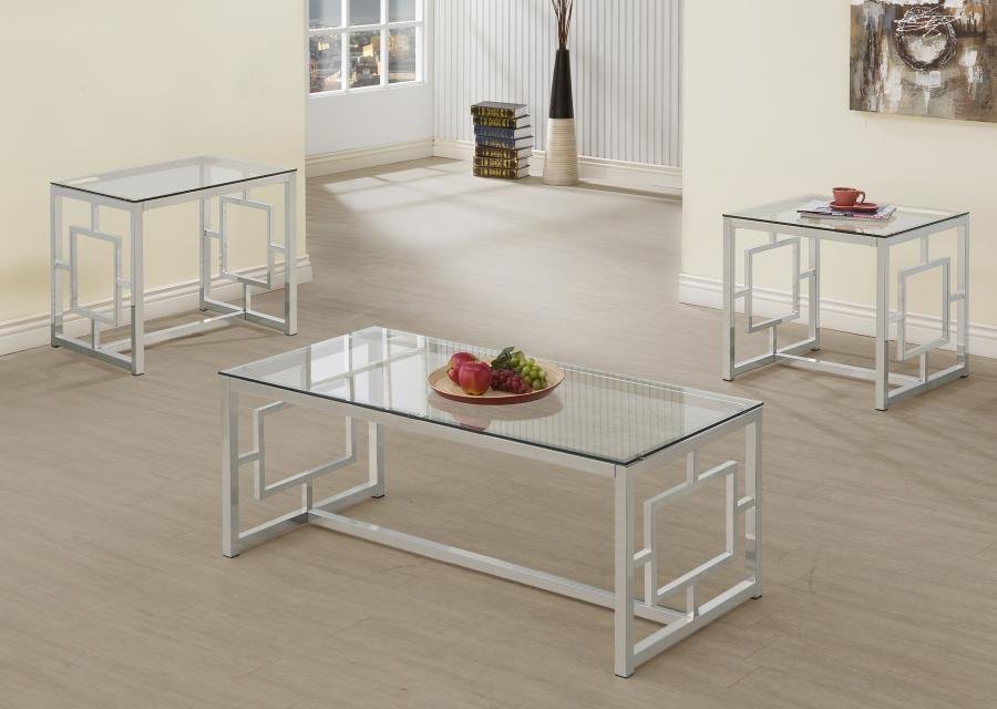 703738-S3_01x900.jpg MERCED 3-PIECE RECTANGULAR COFFEE AND END TABLE SET NICKEL - Image 1