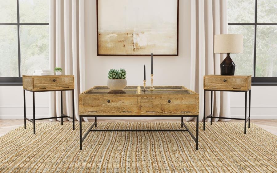704698-S3_01x900.jpg STEPHIE 3-PIECE SQUARE COFFEE AND END TABLE SET HONEY BROWN - Image 1