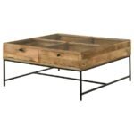 STEPHIE 4-DRAWER SQUARE GLASS TOP COFFEE TABLE HONEY BROWN - Image 5