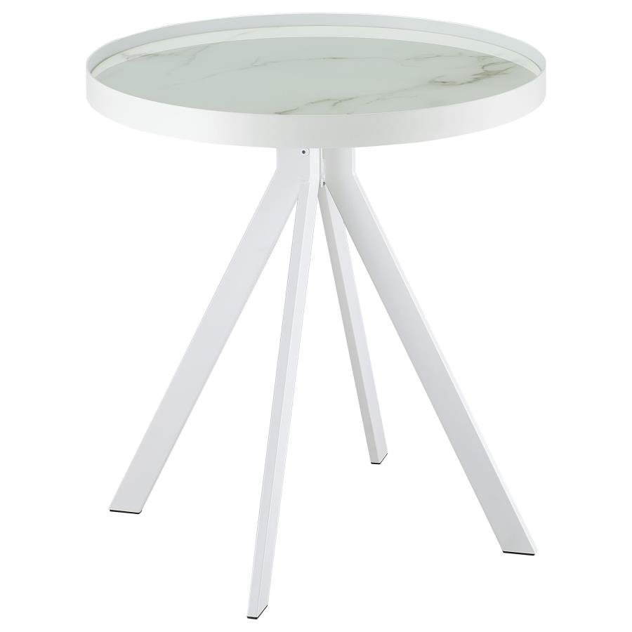 706257_02x900.jpg BRIGGS ROUND MARBLE PRINTED GLASS TOP END SIDE TABLE WHITE - Image 1