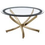 BROOKE ROUND GLASS TOP COFFEE TABLE METAL BASE BRASS