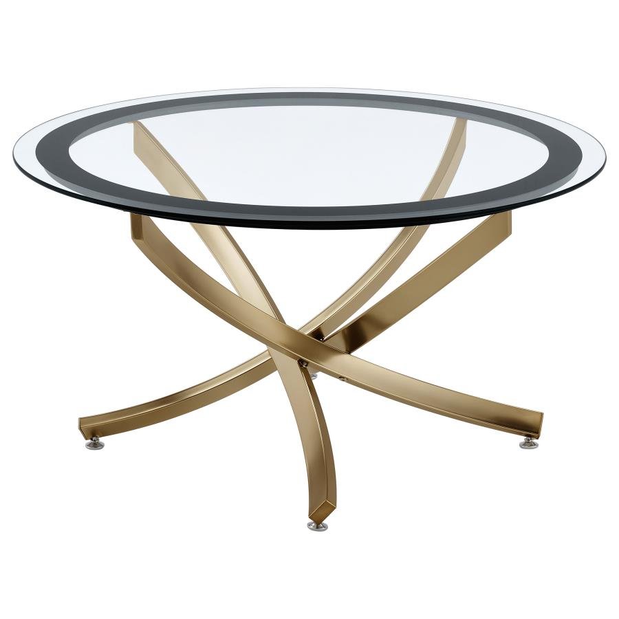 707888_02x900.jpg BROOKE ROUND GLASS TOP COFFEE TABLE METAL BASE BRASS - Image 1