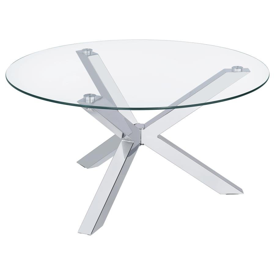 708128_02x900.jpg KENZIE ROUND TEMPERED GLASS TOP COCKTAIL COFFEE TABLE CHROME - Image 1