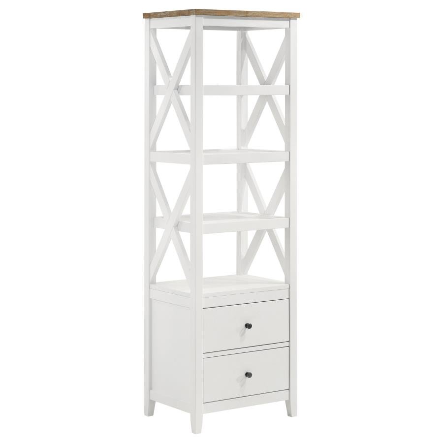 708254_02x900.jpg HOLLIS 4-SHELF WOOD MEDIA TOWER WITH DRAWERS BROWN AND WHITE - Image 1