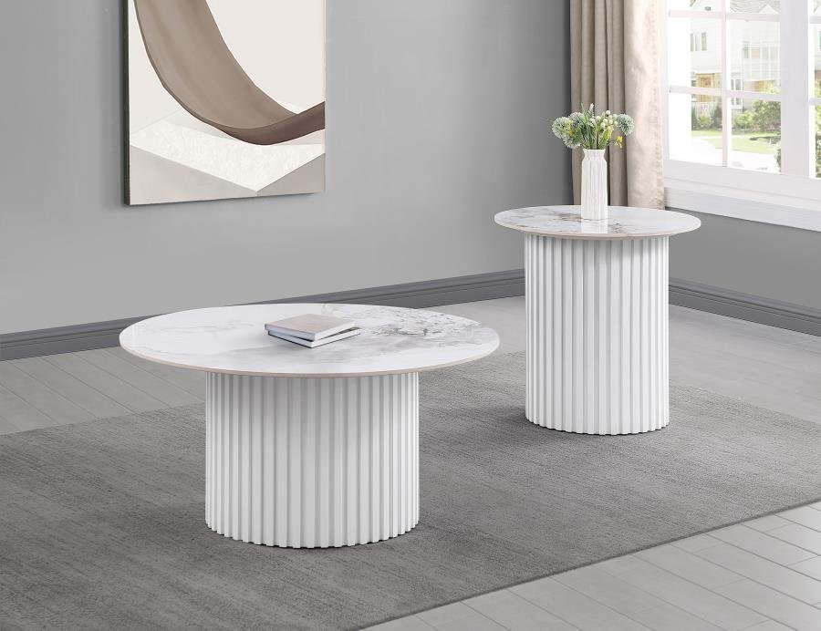 708338-S2_01x900.jpg ROWENA 2-PIECE COFFEE AND END TABLE SET WHITE FAUX MARBLE - Image 1