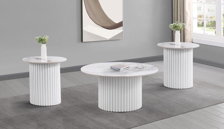 708338-S3_01x900.jpg ROWENA 3-PIECE COFFEE AND END TABLE SET WHITE FAUX MARBLE - Image 1