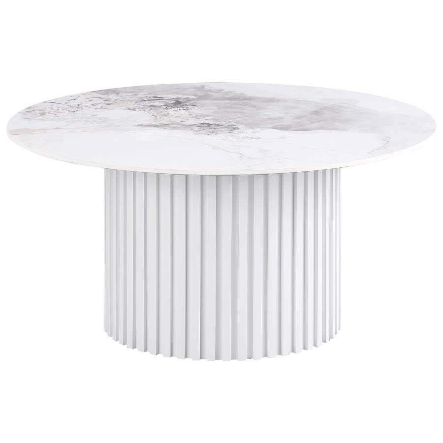 708338_02x900.jpg ROWENA ROUND SINTERED STONE COFFEE TABLE WHITE FAUX MARBLE - Image 1
