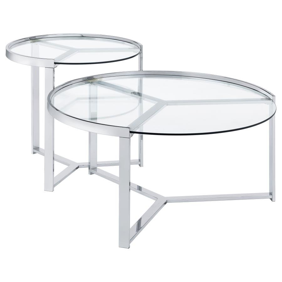 708400_02x900.jpg DELIA 2-PIECE ROUND GLASS TOP NESTING COFFEE TABLE CHROME - Image 1