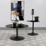 GANSO 2-PIECE ROUND GLASS TOP COFFEE AND END TABLE SET BLACK