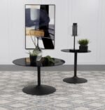 GANSO 2-PIECE ROUND GLASS TOP COFFEE AND END TABLE SET BLACK