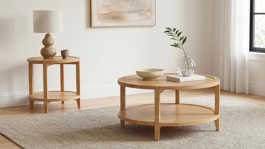 709698-S2_01x900.jpg CAMILLO 2-PIECE ROUND COFFEE AND END TABLE SET MAPLE - Image 1