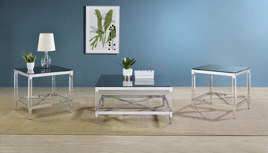 709728-S3_01x900.jpg LINDLEY 3-PIECE SQUARE COFFEE AND END TABLE SET CHROME - Image 1