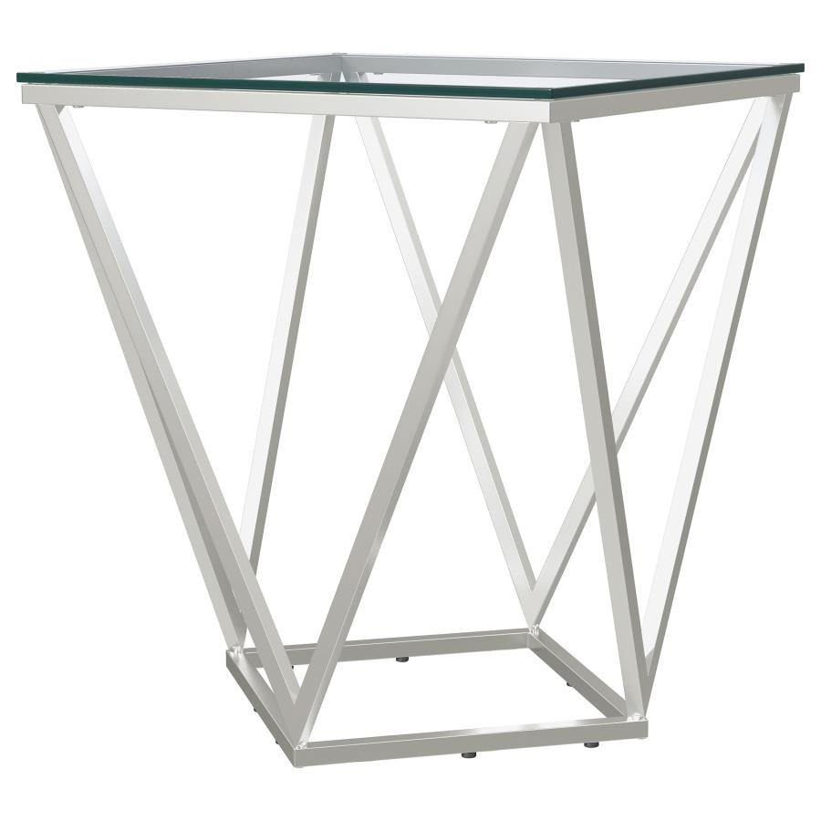 709737_02x900.jpg BRITTANIA SQUARE GLASS TOP GEOMETRIC END TABLE NICKEL - Image 1