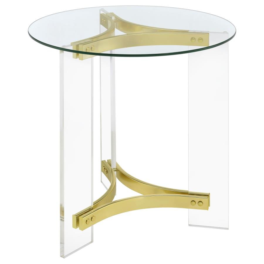 710067_02x900.jpg JANESSA ROUND GLASS TOP ACRYLIC LEG END TABLE MATTE BRASS - Image 1