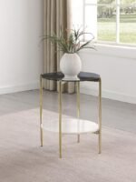 JONELLE ROUND GLASS TOP END TABLE WHITE MARBLE SHELF GOLD - Image 2