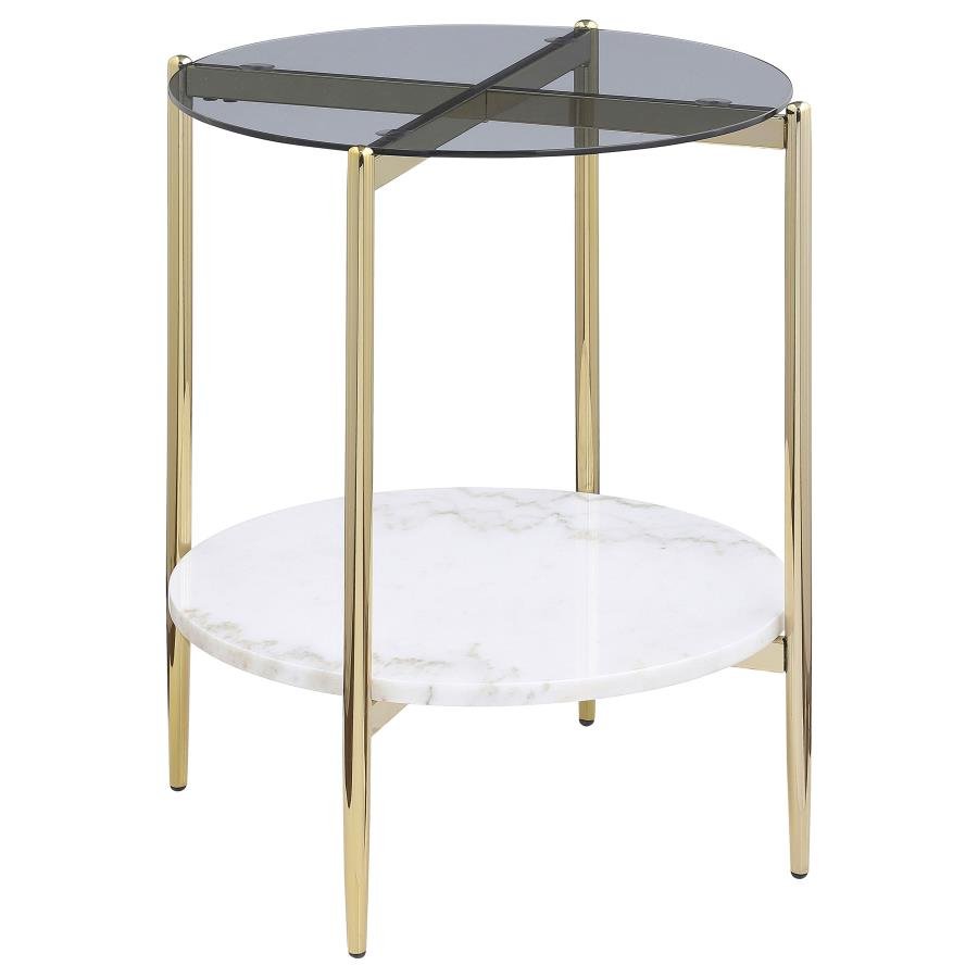 710337_02x900.jpg JONELLE ROUND GLASS TOP END TABLE WHITE MARBLE SHELF GOLD - Image 1
