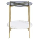 JONELLE ROUND GLASS TOP END TABLE WHITE MARBLE SHELF GOLD - Image 3