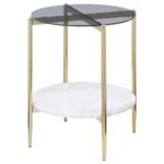 JONELLE ROUND GLASS TOP END TABLE WHITE MARBLE SHELF GOLD - Image 4