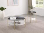 JONELLE ROUND GLASS TOP END TABLE WHITE MARBLE SHELF GOLD - Image 9