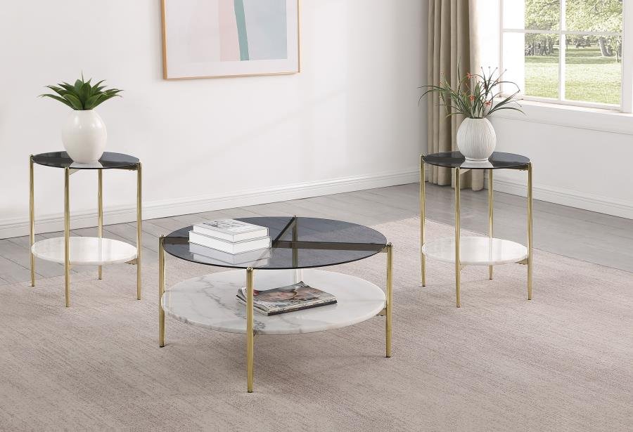 710338-S3_01x900.jpg JONELLE 3-PIECE ROUND COFFEE AND END TABLE SET GOLD - Image 1
