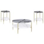 JONELLE 3-PIECE ROUND COFFEE AND END TABLE SET GOLD - Image 2