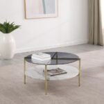 JONELLE ROUND GLASS TOP COFFEE TABLE WHITE MARBLE SHELF GOLD - Image 2