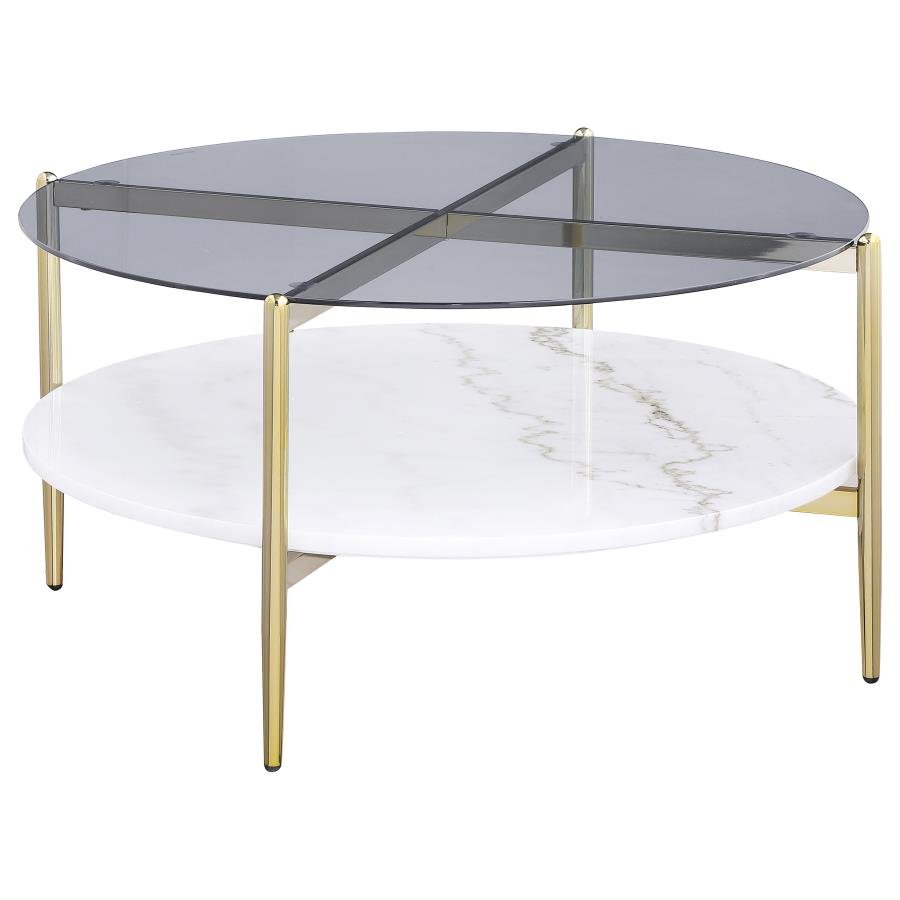 710338_02x900.jpg JONELLE ROUND GLASS TOP COFFEE TABLE WHITE MARBLE SHELF GOLD - Image 1