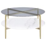 JONELLE ROUND GLASS TOP COFFEE TABLE WHITE MARBLE SHELF GOLD - Image 3