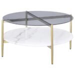 JONELLE ROUND GLASS TOP COFFEE TABLE WHITE MARBLE SHELF GOLD - Image 4