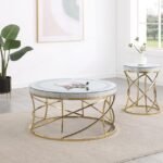 ELISE 2-PIECE ROUND MIRROR TOP COFFEE AND END TABLE SET GOLD