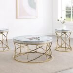 ELISE 3-PIECE ROUND MIRROR TOP COFFEE AND END TABLE SET GOLD
