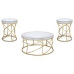 ELISE 3-PIECE ROUND MIRROR TOP COFFEE AND END TABLE SET GOLD - Image 2