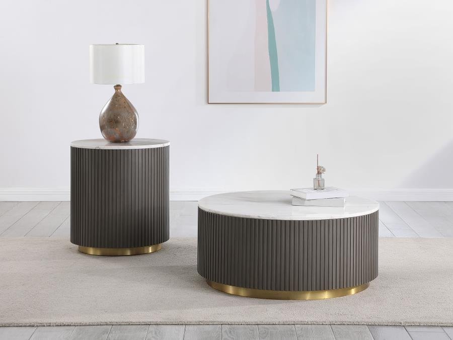 710418-S2_01x900.jpg JASON 2-PIECE ROUND MARBLE COFFEE AND END TABLE SET WHITE - Image 1