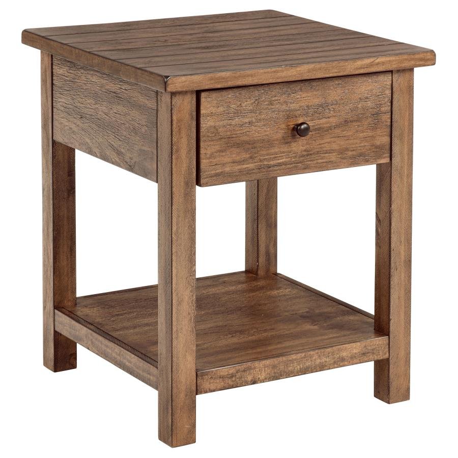 710547_02x900.jpg PAYNE 1-DRAWER WOOD END TABLE WITH SHELF DISTRESSED BROWN - Image 1