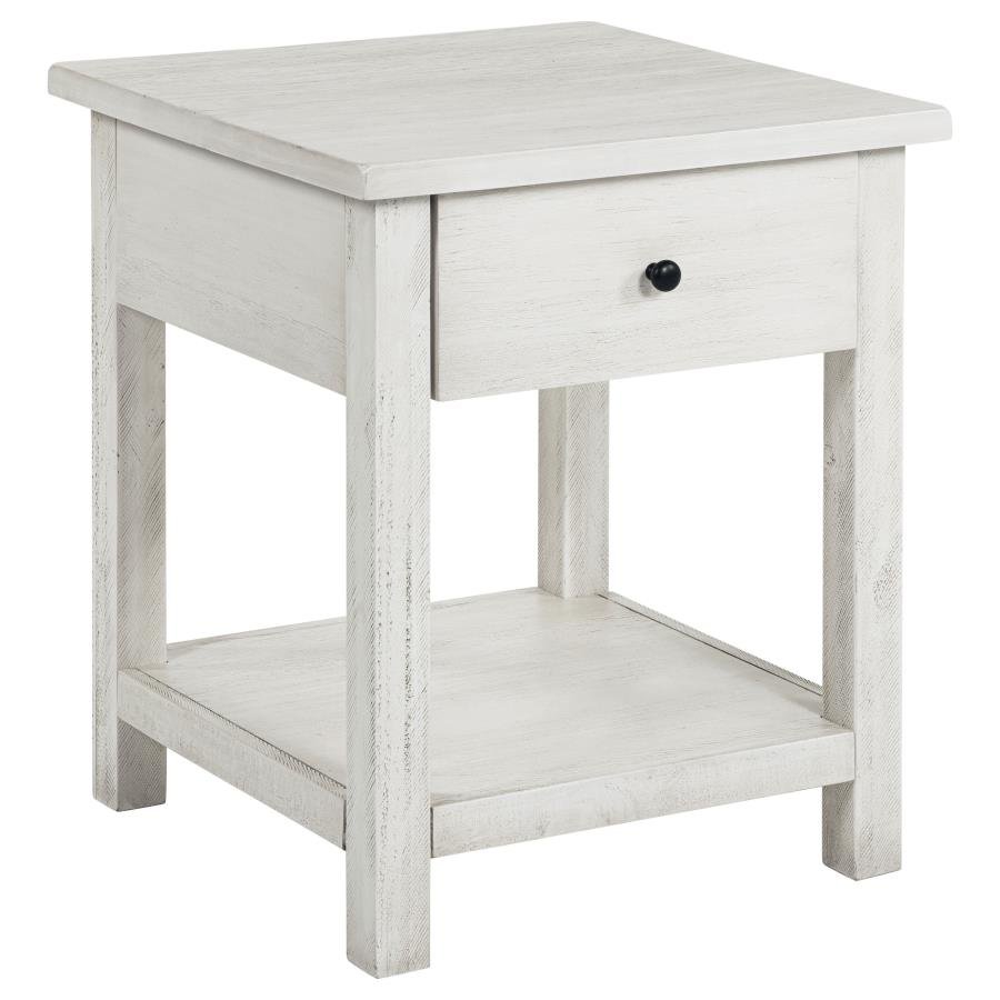 710557_02x900.jpg PAYNE 1-DRAWER WOOD END TABLE WITH SHELF DISTRESSED WHITE - Image 1