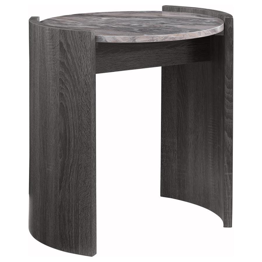 710757_02x900.jpg GLADSTONE ROUND FAUX MARBLE TOP END TABLE DISTRESSED GREY - Image 1