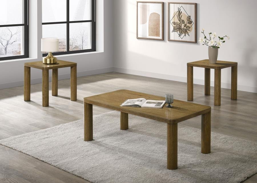 710858-S3_01x900.jpg CASTLEWOOD 3-PIECE COCKTAIL COFFEE TABLE SET BROWN OAK - Image 1