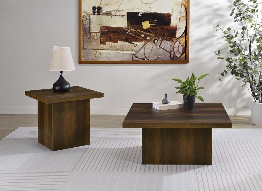 710888-S2_01x900.jpg DEVAR 2-PIECE SQUARE COFFEE AND END TABLE SET DARK PINE - Image 1