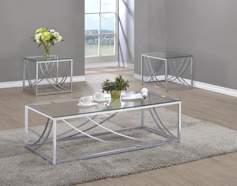 720498-S3_01x900.jpg LILLE 3-PIECE GLASS TOP COFFEE AND END TABLE SET CHROME - Image 1