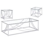 LILLE 3-PIECE GLASS TOP COFFEE AND END TABLE SET CHROME - Image 2