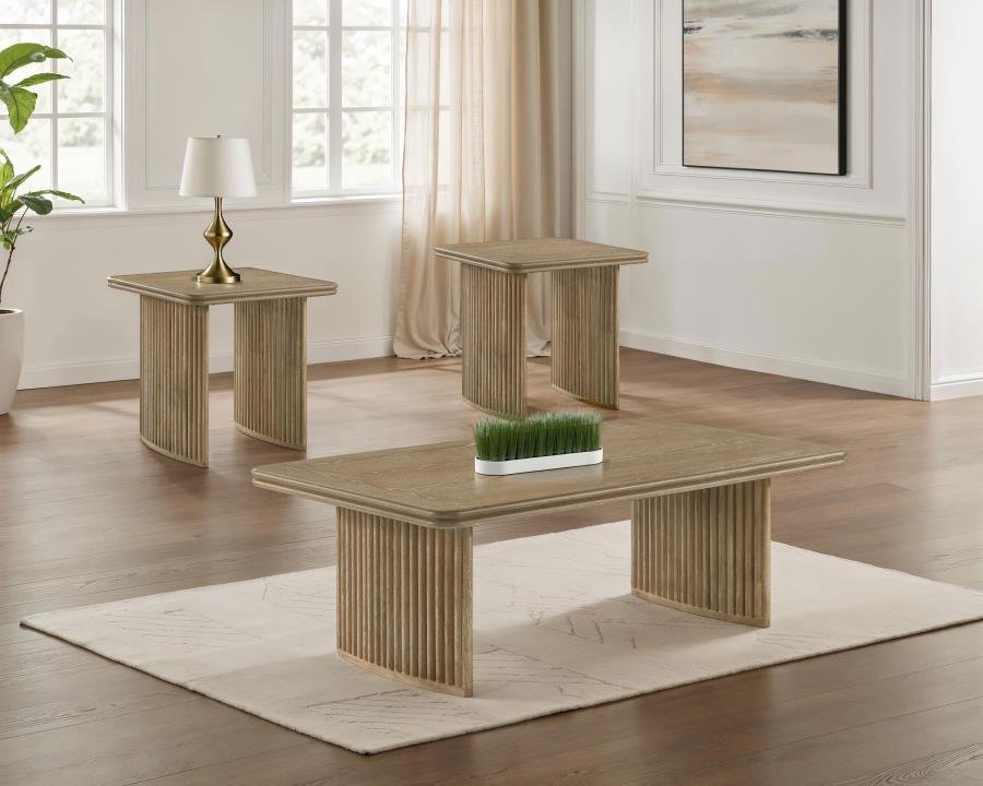 722858-S3_01x900.jpg ADINA 3-PIECE WOOD COFFEE TABLE SET DISTRESSED LIGHT BROWN - Image 1