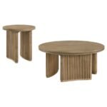 ADINA 2-PIECE ROUND COFFEE TABLE SET DISTRESSED LIGHT BROWN - Image 2