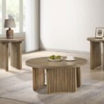 ADINA 3-PIECE ROUND COFFEE TABLE SET DISTRESSED LIGHT BROWN