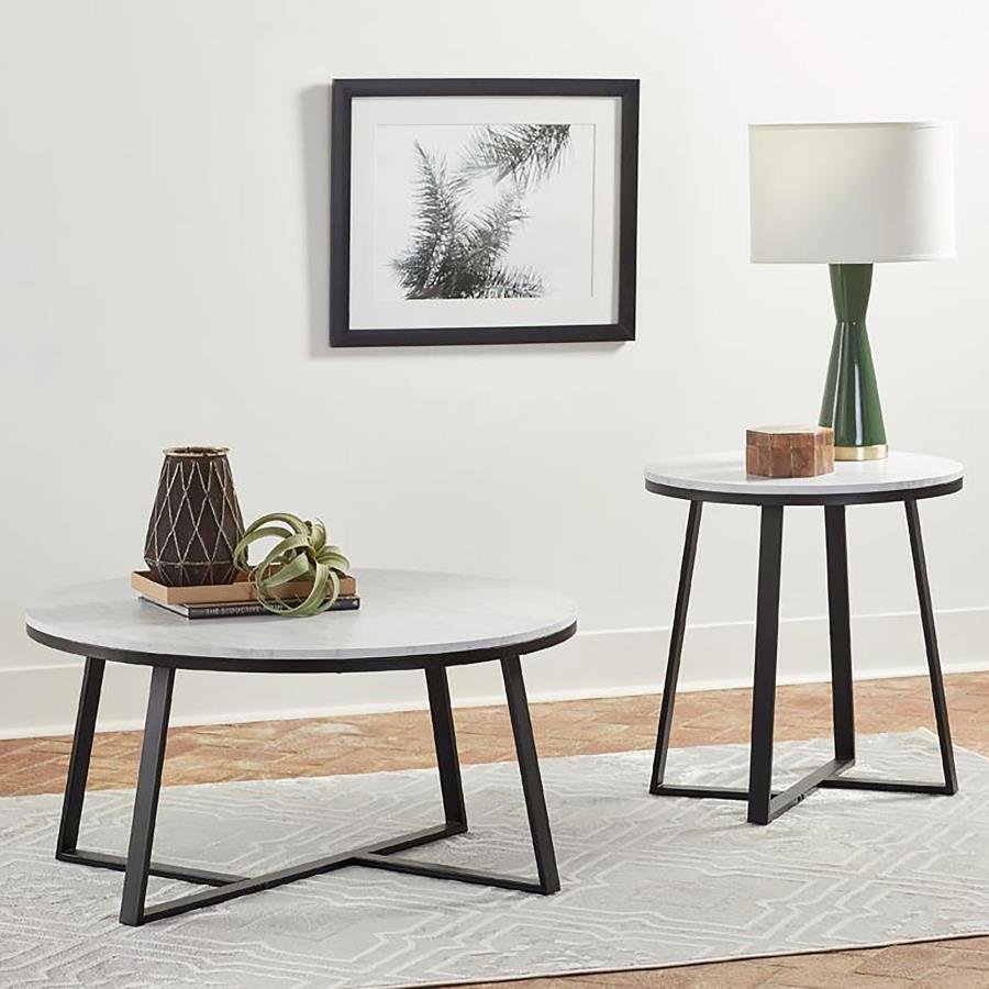 723238-S2_01x900.jpg HUGO 2-PIECE COFFEE AND END TABLE SET WHITE FAUX MARBLE - Image 1