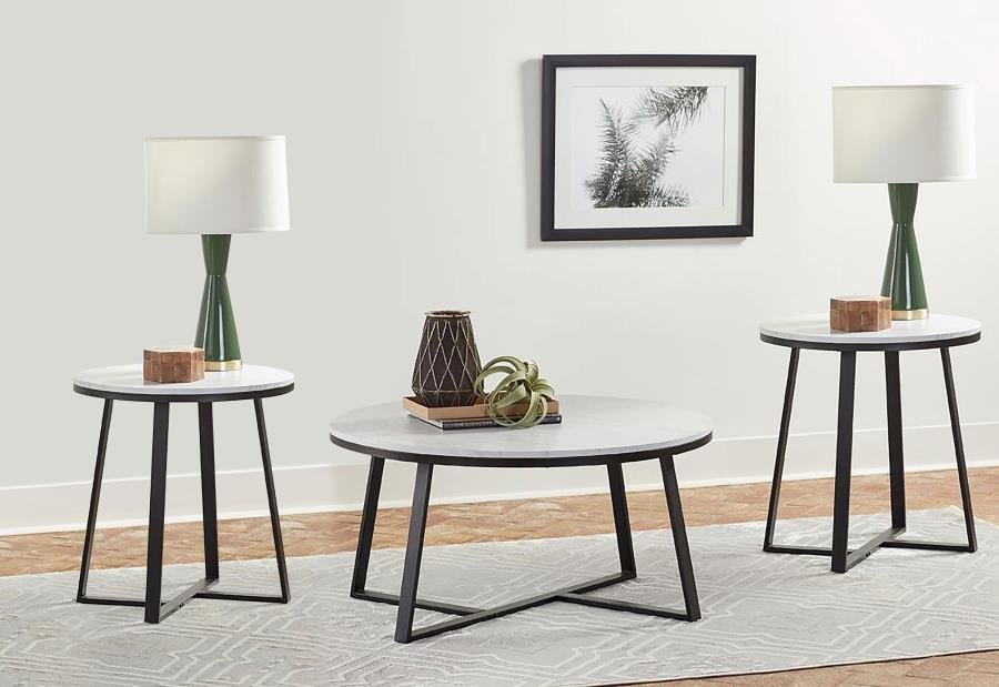 723238-S3_01x900.jpg HUGO 3-PIECE COFFEE AND END TABLE SET WHITE FAUX MARBLE - Image 1