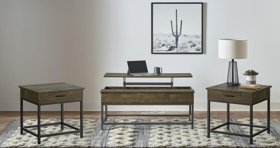 723778-S3_01x900.jpg BYERS 3-PIECE LIFT TOP COFFEE AND END TABLE SET BROWN OAK - Image 1