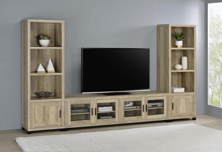 736283-SET_01x900.jpg SACHIN 3-PIECE 79-INCH TV ENTERTAINMENT CENTER ANTIQUE PINE - Image 1