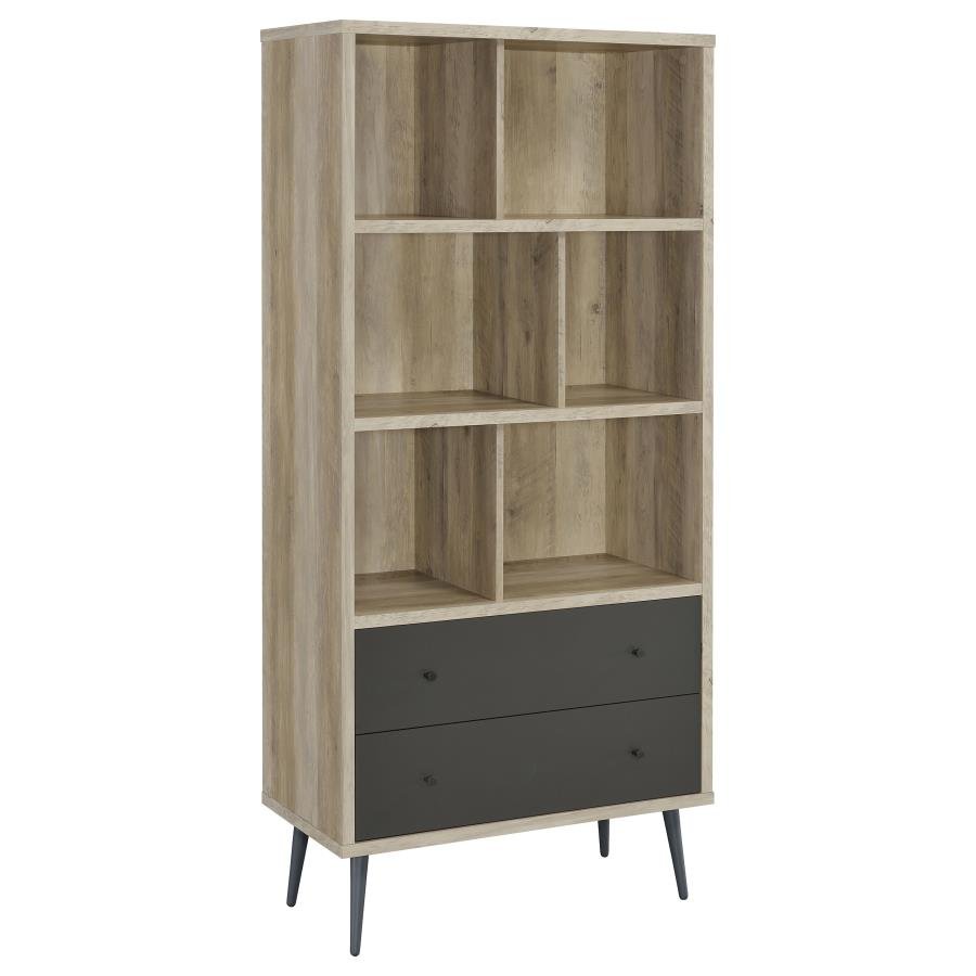 801923_02x900.jpg MAEVE 70-INCH 3-SHELF BOOKCASE WITH DRAWERS DISTRESSED PINE - Image 1
