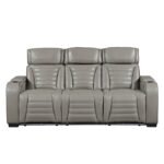 8344GRY-3PWHM Power Double Reclining Sofa with Center Drop-Down Cup Holders, Power Headrests,? Storage Arms(Top and Side) ,Cup holders, Reading Lights, Wireless Charger, Air Massage, Heat,? LED Lighting and Charging Ports