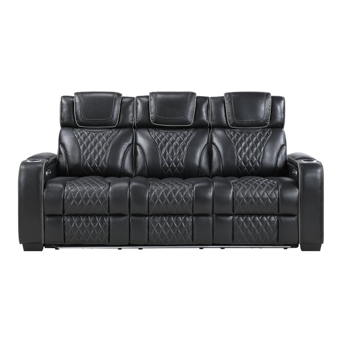 8449BK-3PWHM_noBG_front__l.jpg 8449BK-3PWHM Power Double Reclining Sofa with Center Drop-Down Cup Holders, Power Headrests, Storage Arms with Cup holders, Reading Lights, Wireless Charger, Air Massage and Heat, LED Lighting and Charging Ports - Image 1